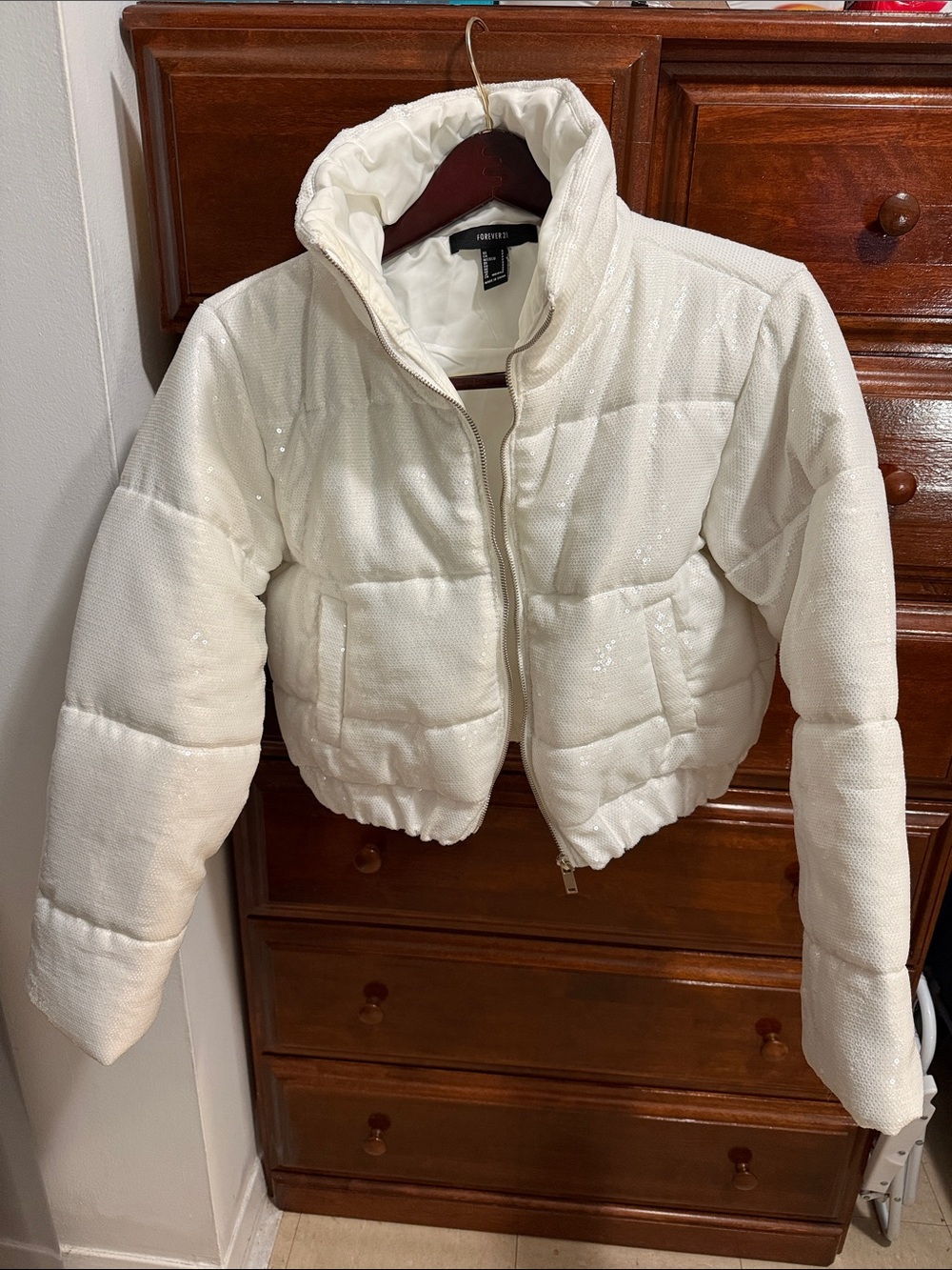 Forever 21 Cream Quilted Shimmer Puffer Jacket